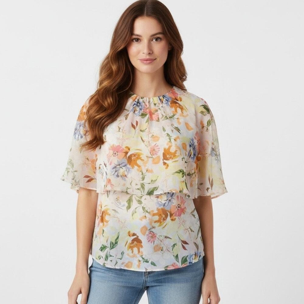 Zara Pastel Floral Cape Sleeve Blouse Romantic Spring Medium Resort Summer